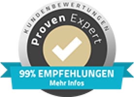 Proven Expert Siegel mit goldenem Haken in der Mitte, silbernem Rand und Banner mit 99 % Empfehlungen in Blau.
