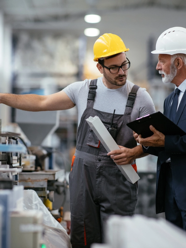 Zwei Männer stehen vor einer Maschine. Der linke trägt einen gelben Arbeitshelm und eine Arbeitslatzhose. Er zeigt zur Maschine. Der rechte trägt einen weißen Arbeitshelm und einen Anzug. Er hält ein Klemmbrett.
