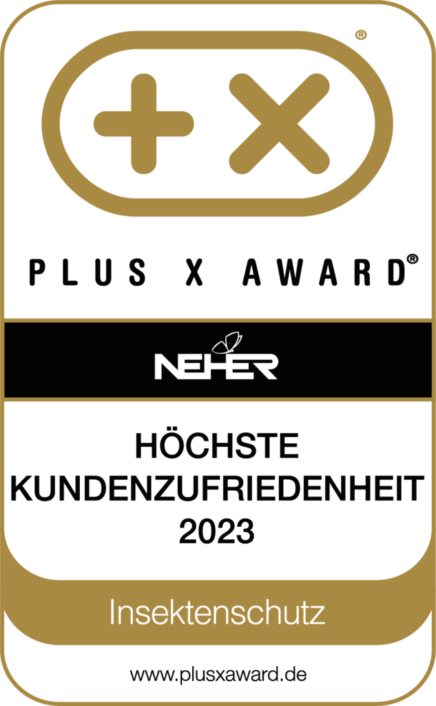 Plus X Award 2023 für höchste Kundenzufriedenheit im Bereich Insektenschutz, vergeben an Neher, dargestellt auf einem goldenen Siegel.