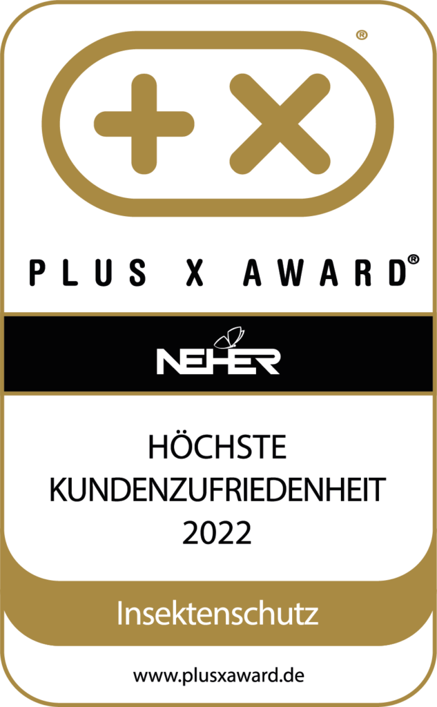 Plus X Award 2022 für höchste Kundenzufriedenheit im Bereich Insektenschutz, vergeben an Neher, dargestellt auf einem goldenen Siegel.