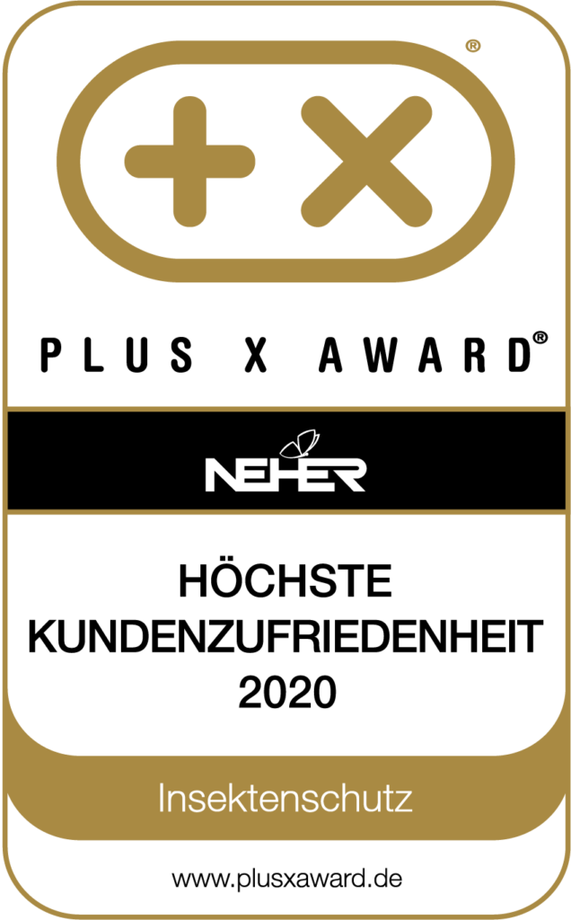 Plus X Award 2020 für höchste Kundenzufriedenheit im Bereich Insektenschutz, vergeben an Neher, dargestellt auf einem goldenen Siegel.