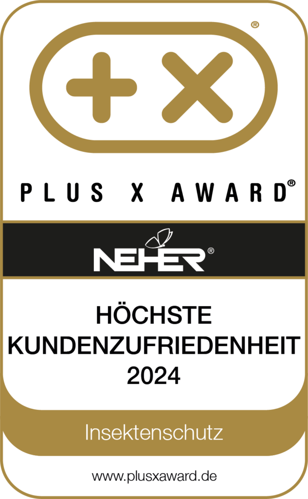 Plus X Award 2024 für höchste Kundenzufriedenheit im Bereich Insektenschutz, vergeben an Neher, dargestellt auf einem goldenen Siegel.