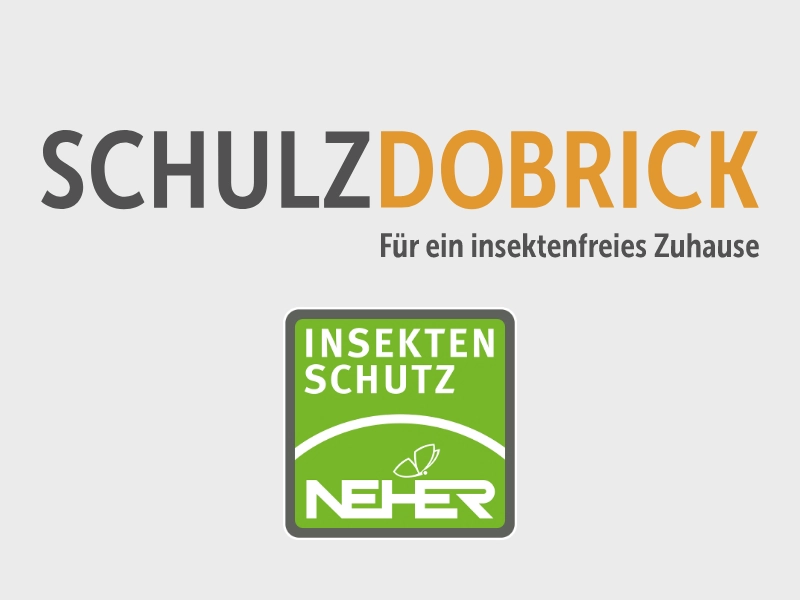 Schulz Dobrick Logo mit dem Slogan "Für ein insektenfreies Zuhause" und dem grünen Insektenschutz-Logo von Neher darunter.