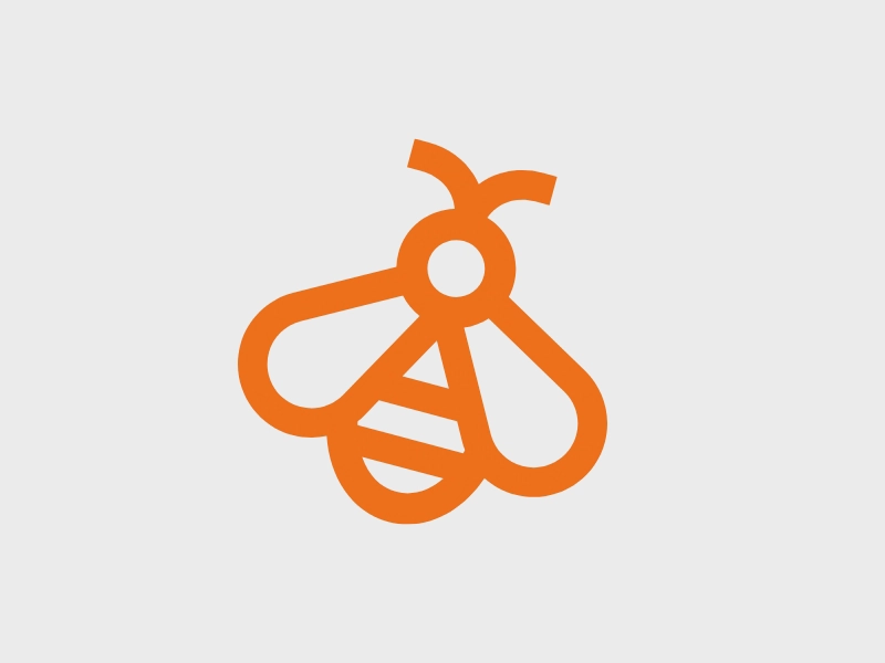 Stilisiertes, orangefarbenes Bienenlogo auf weißem Hintergrund, minimalistisch und geometrisch gestaltet.