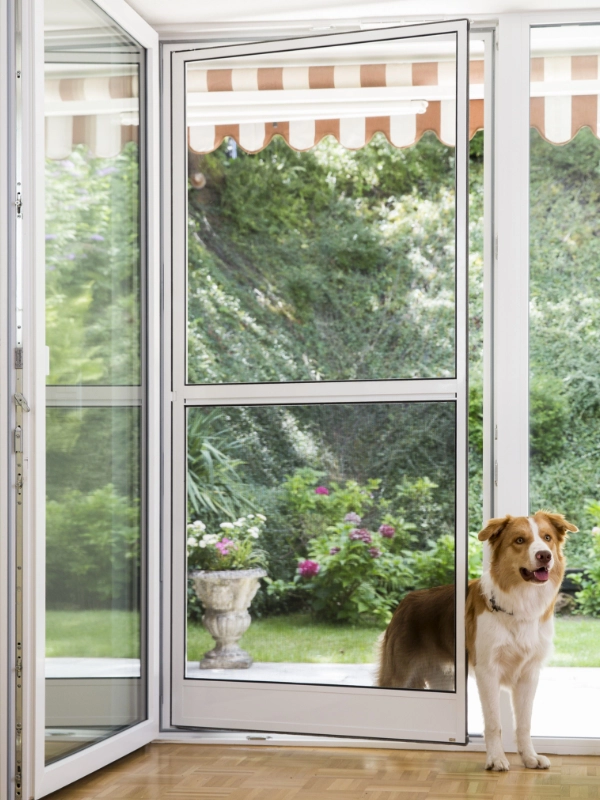 Offene Fliegengitter-Tür nach Maß mit einem Hund, der draußen vor einem Garten mit bunten Blumen steht.